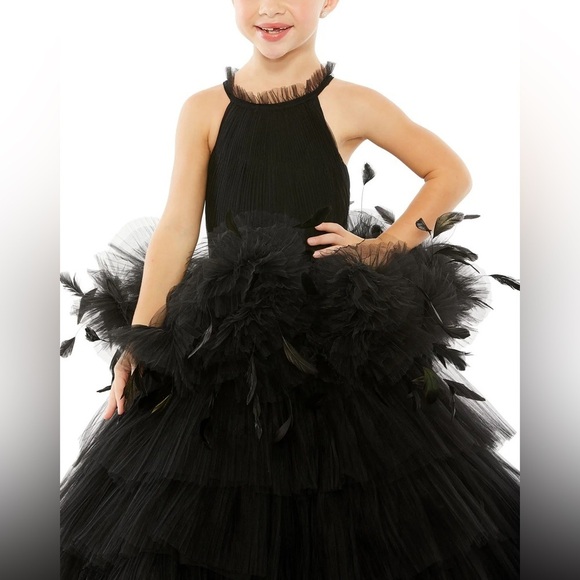 Mac Duggal 20588 Girls High Neck Tulle Dress with Feathers - Picture 6 of 9